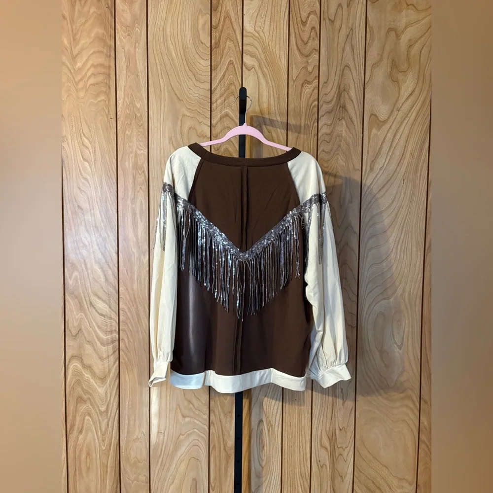 POL Brown & Ivory LOVE Sequin Fringe Statement Top - Picture 8 of 8